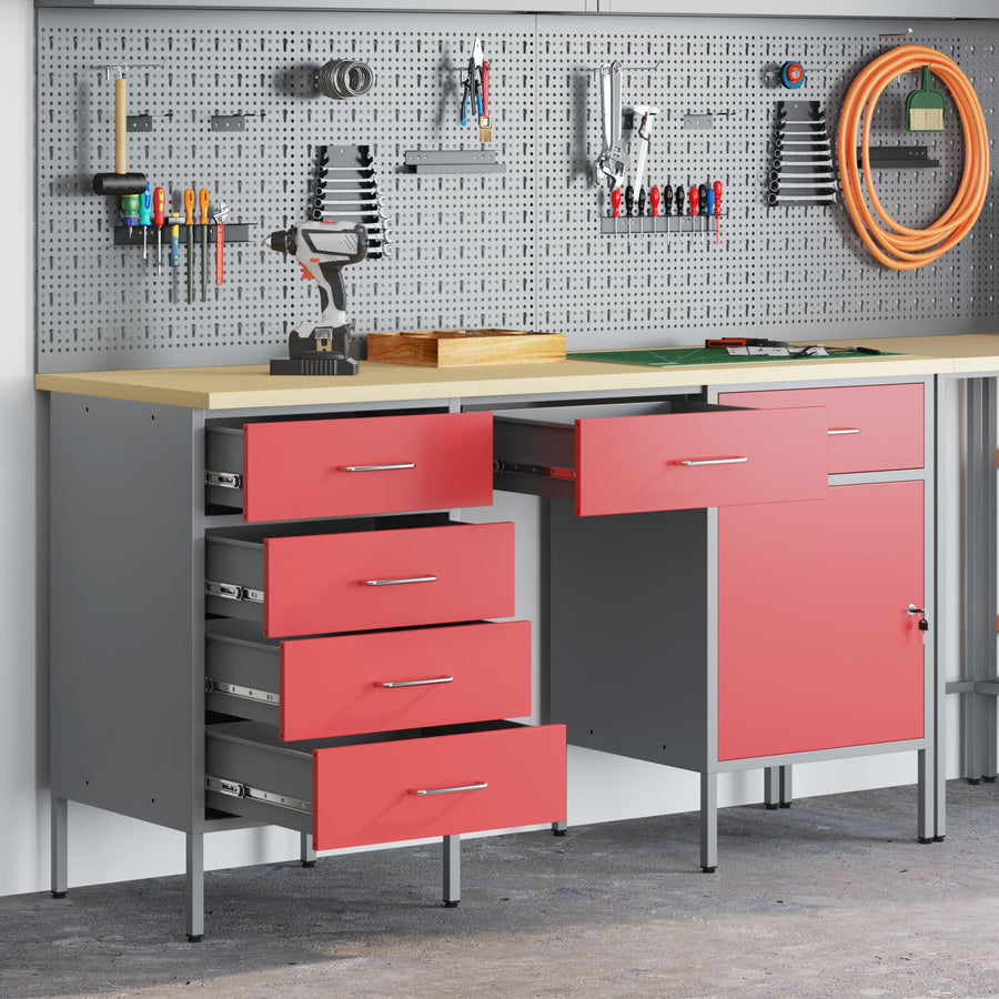 3-Delige Werkcabinet En Tafel Set Geïndustrialiseerd Hout En Staal 3x (84/85/20 cm) Rood 3x kabinet