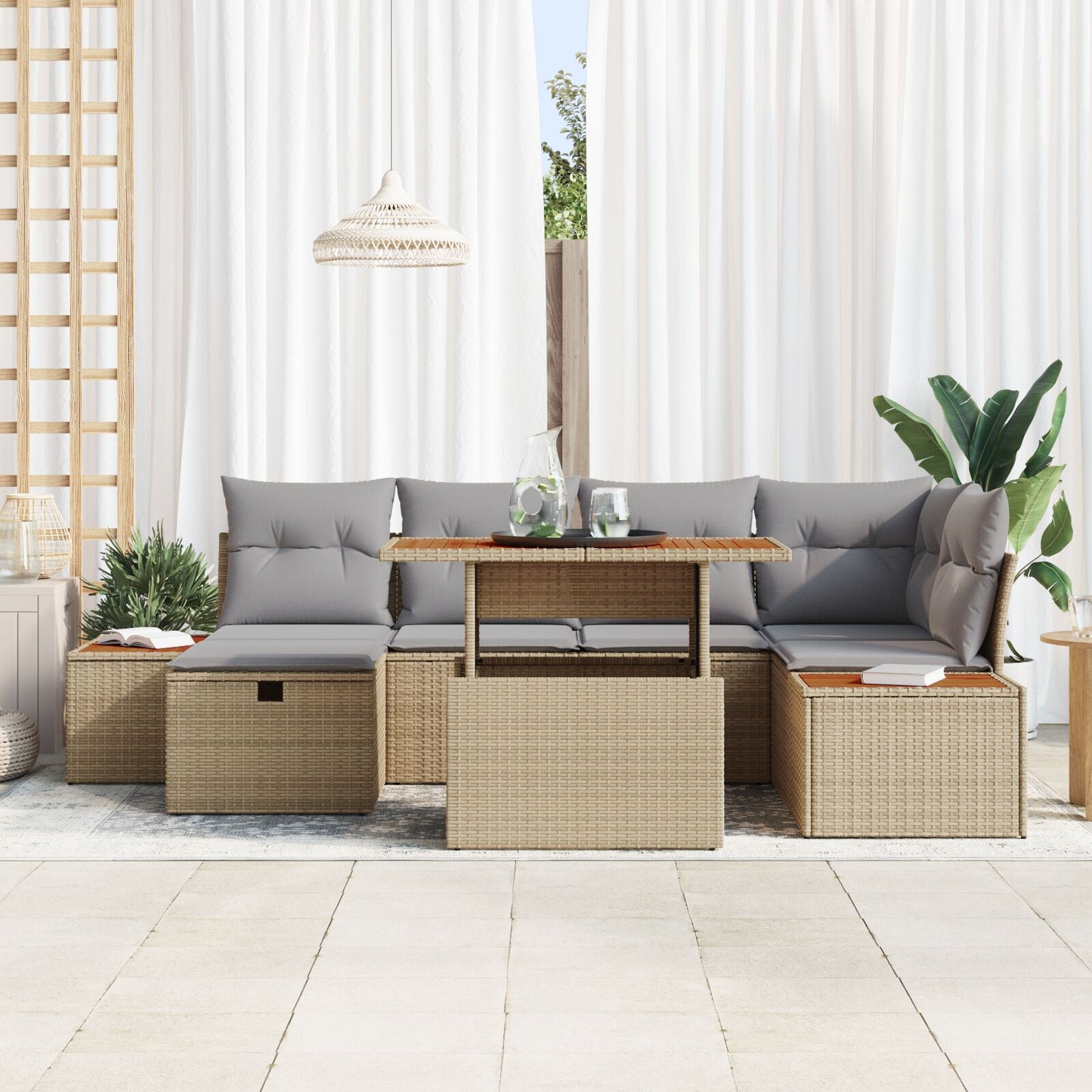 7-Delige Tuin Sofa Set Met Kussens Beige Poly Rattan
