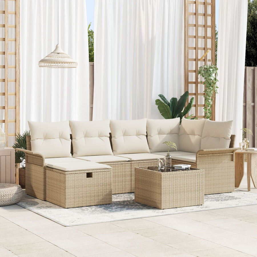 7-Delige Tuin Sofa Set Met Kussens Beige Poly Rattan