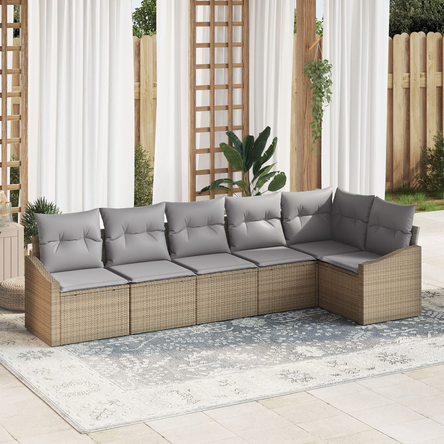 Tuin Sofa Set Set Van 6 Beige Riet, Polyester Stof Buitensofa