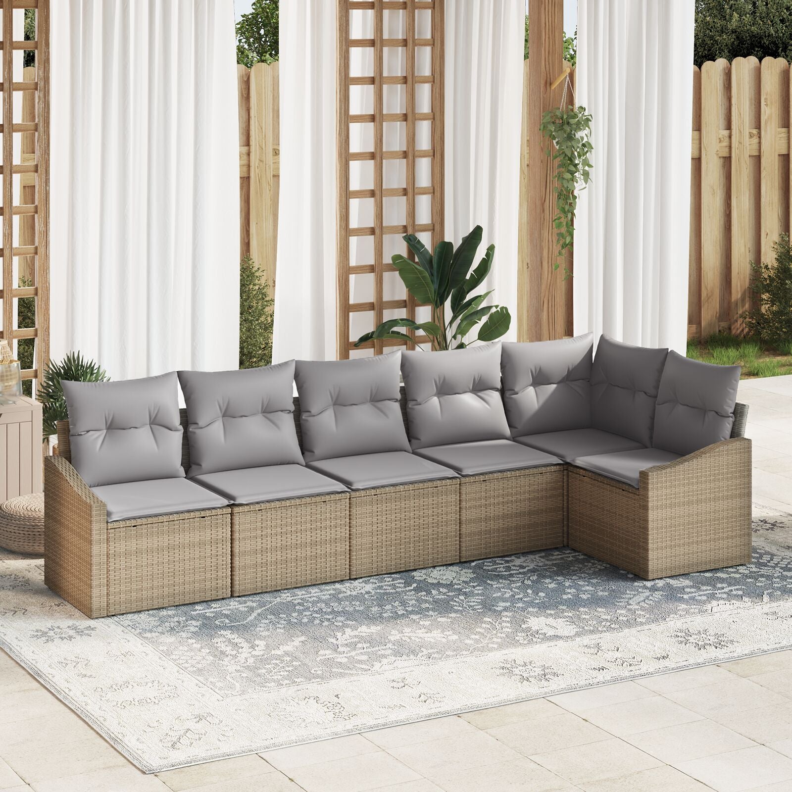 Tuin Sofa Set Set Van 6 Beige Riet, Polyester Stof Buitensofa