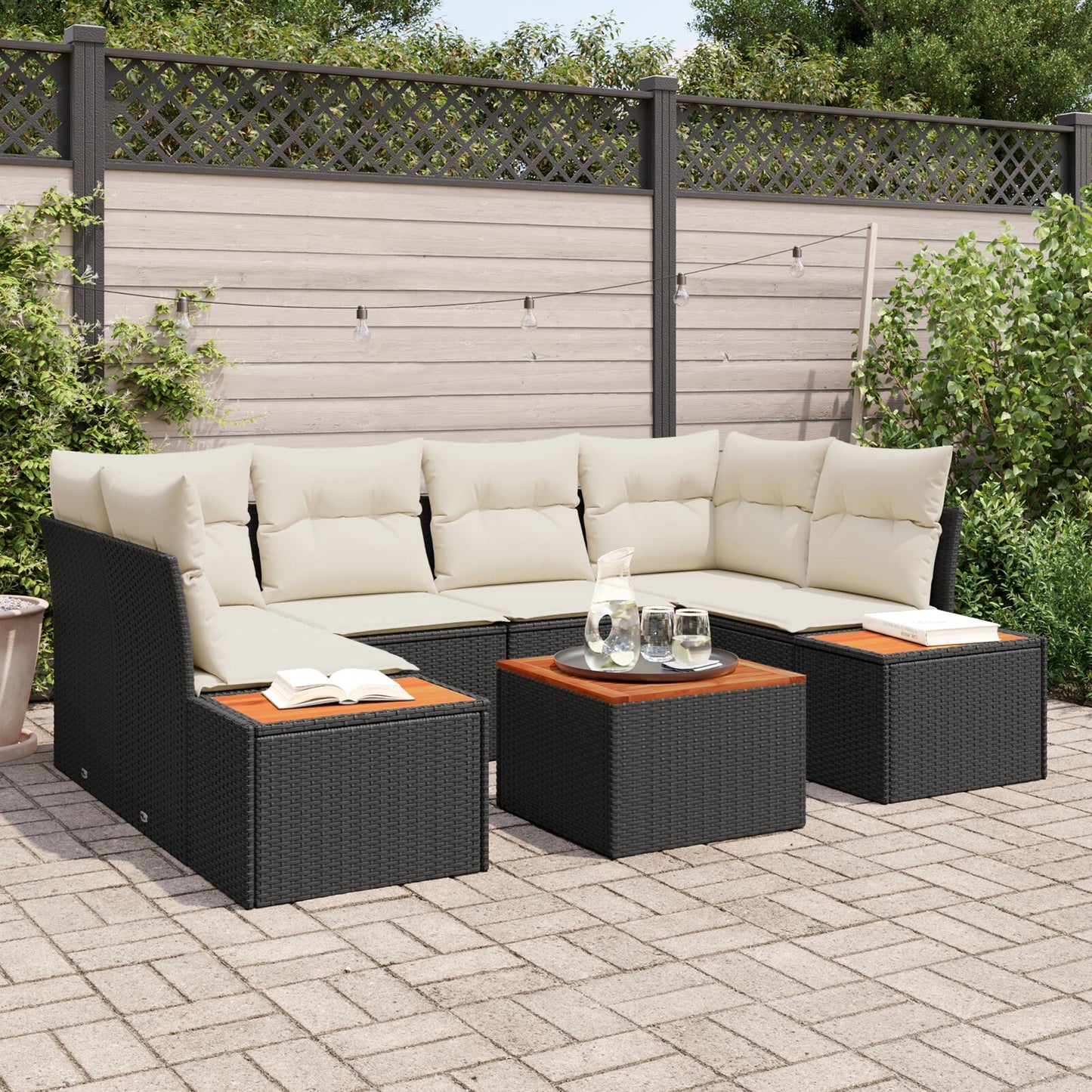 7-Delige Tuin Sofa Set Met Kussens Zwart Poly Rattan Acacia