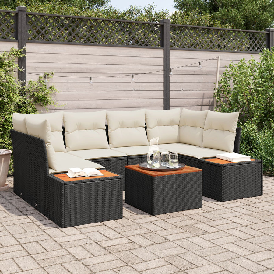 7-Delige Tuin Sofa Set Met Kussens Zwart Poly Rattan Acacia