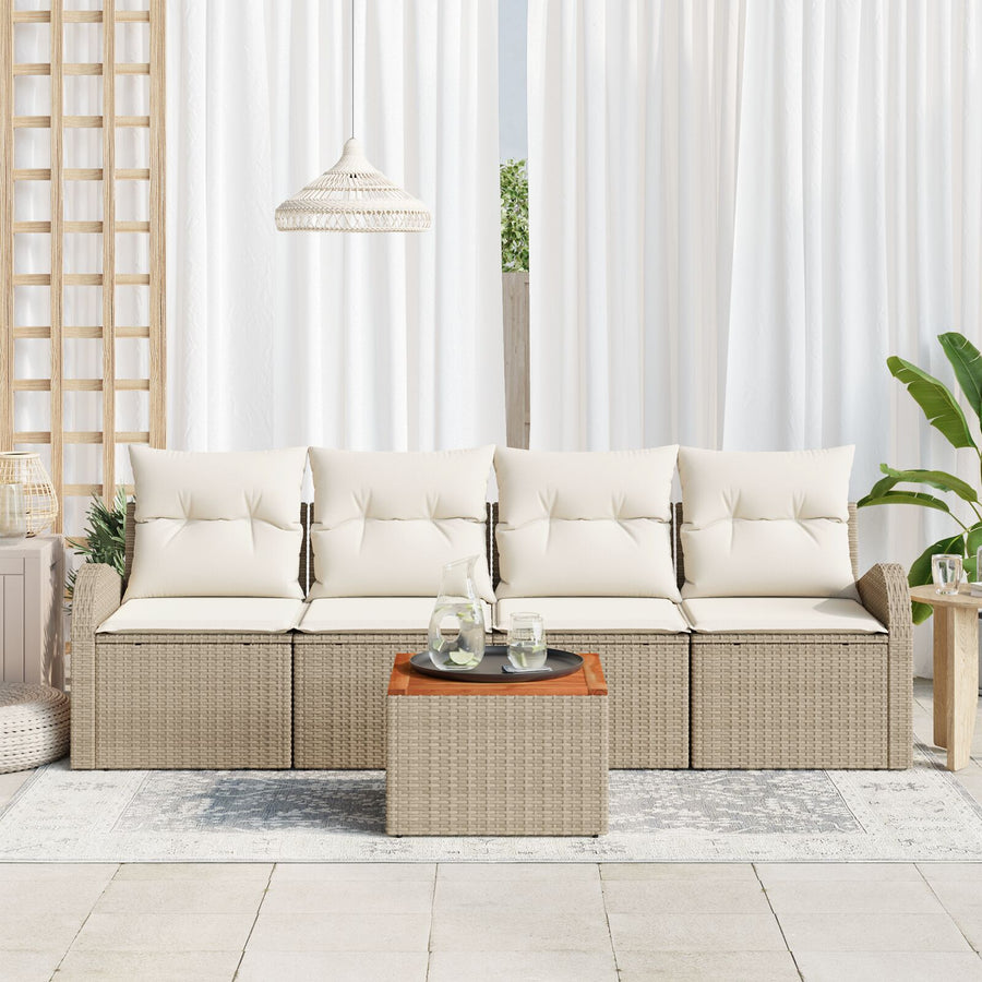 5-Delige Tuin Sofaset Met Kussens Beige Poly Rattan Acacia