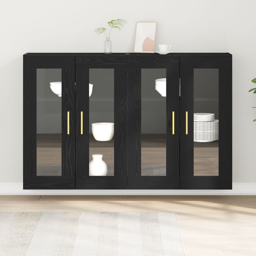 Wandkast Set Van 2 Zwart Eiken Bewerkt Hout 139 X 34 X 90 Cm