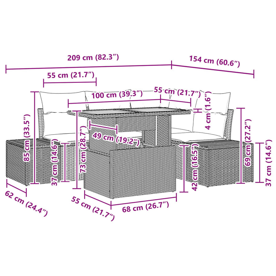 5-Delige Tuin Eetset Met Kussens Zwart Poly Rattan Acacia