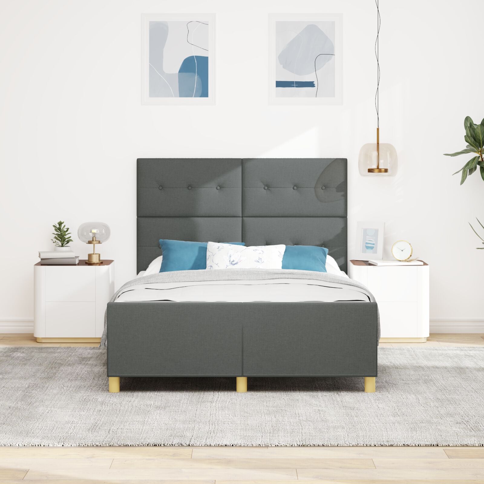 Bed Frame Donkergrijs 140X200 Cm Stof Crème