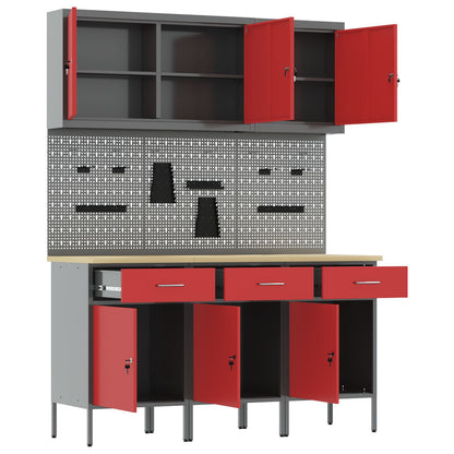 8-Delige Werkbank Set Rode Staal 3x (84 cm) Rood 3x cabinet + 3x pegboard + 2x gereedschapskast