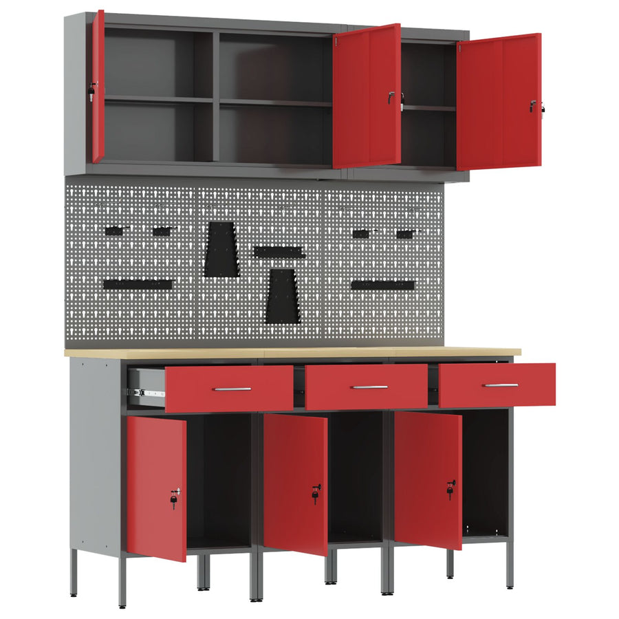 8-Delige Werkbank Set Rode Staal 3x (84 cm) Rood 3x cabinet + 3x pegboard + 2x gereedschapskast