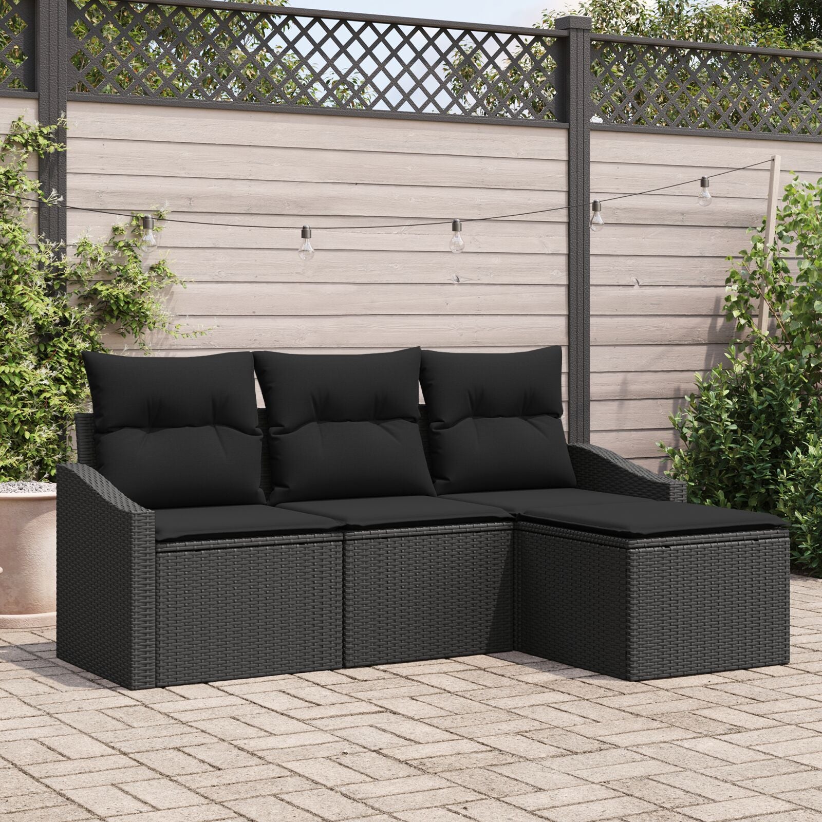 4-Delige Tuin Sofa Set Met Kussen Zwart Poly Rattan Gegalvaniseerd Staal