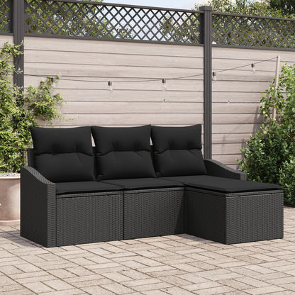 4-Delige Tuin Sofa Set Met Kussen Zwart Poly Rattan Gegalvaniseerd Staal