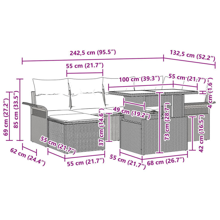 7-Delige Tuin Sofa Set Met Kussens Bruine Poly Riet