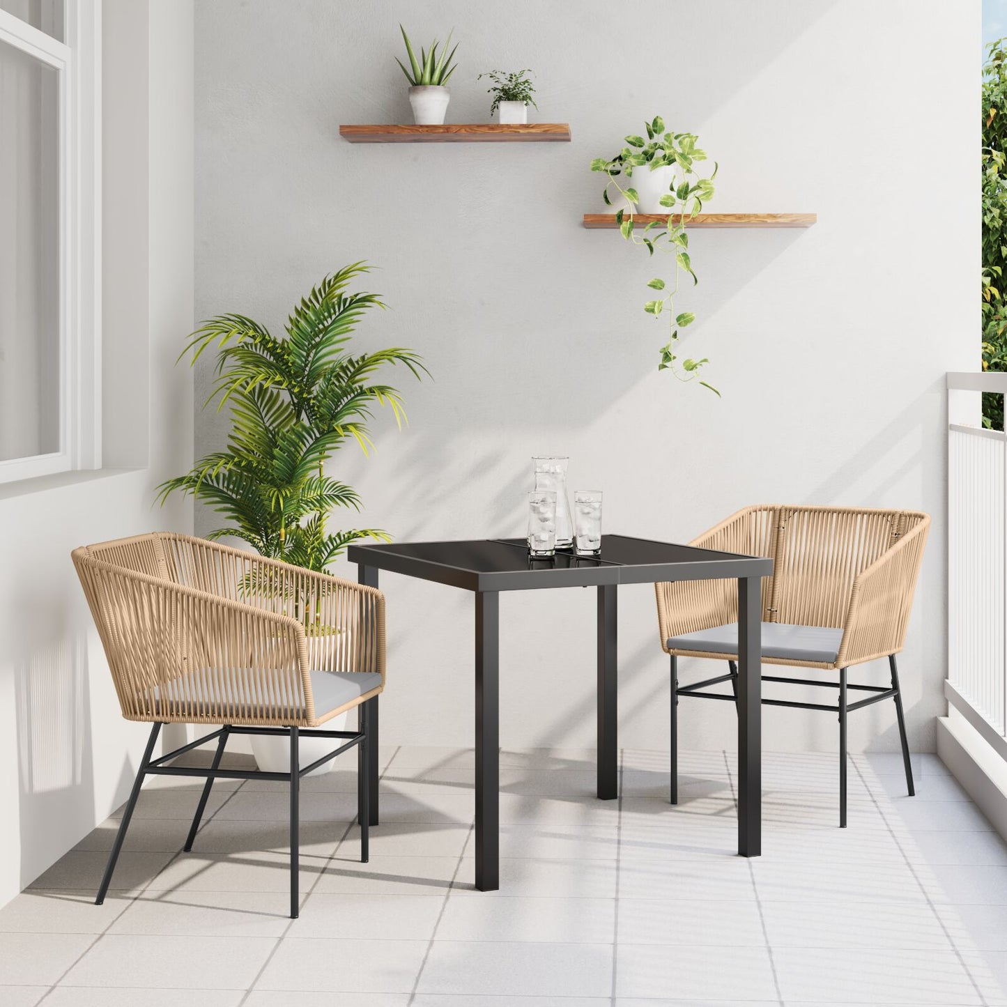 Set Van 2 Bruin Poly Rattan, Gepoedercoat Staal Middel