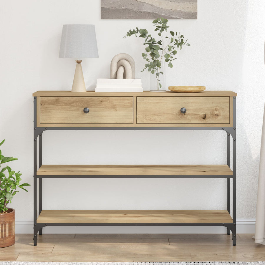 Console Tafel Ambachtelijk Eiken 100X25X75 Cm Bewerkt Hout & Staal