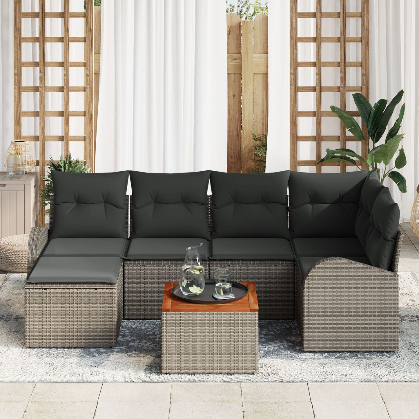7-Delige Tuin Sofa Set Met Kussens Grijs Poly Rattan Acacia