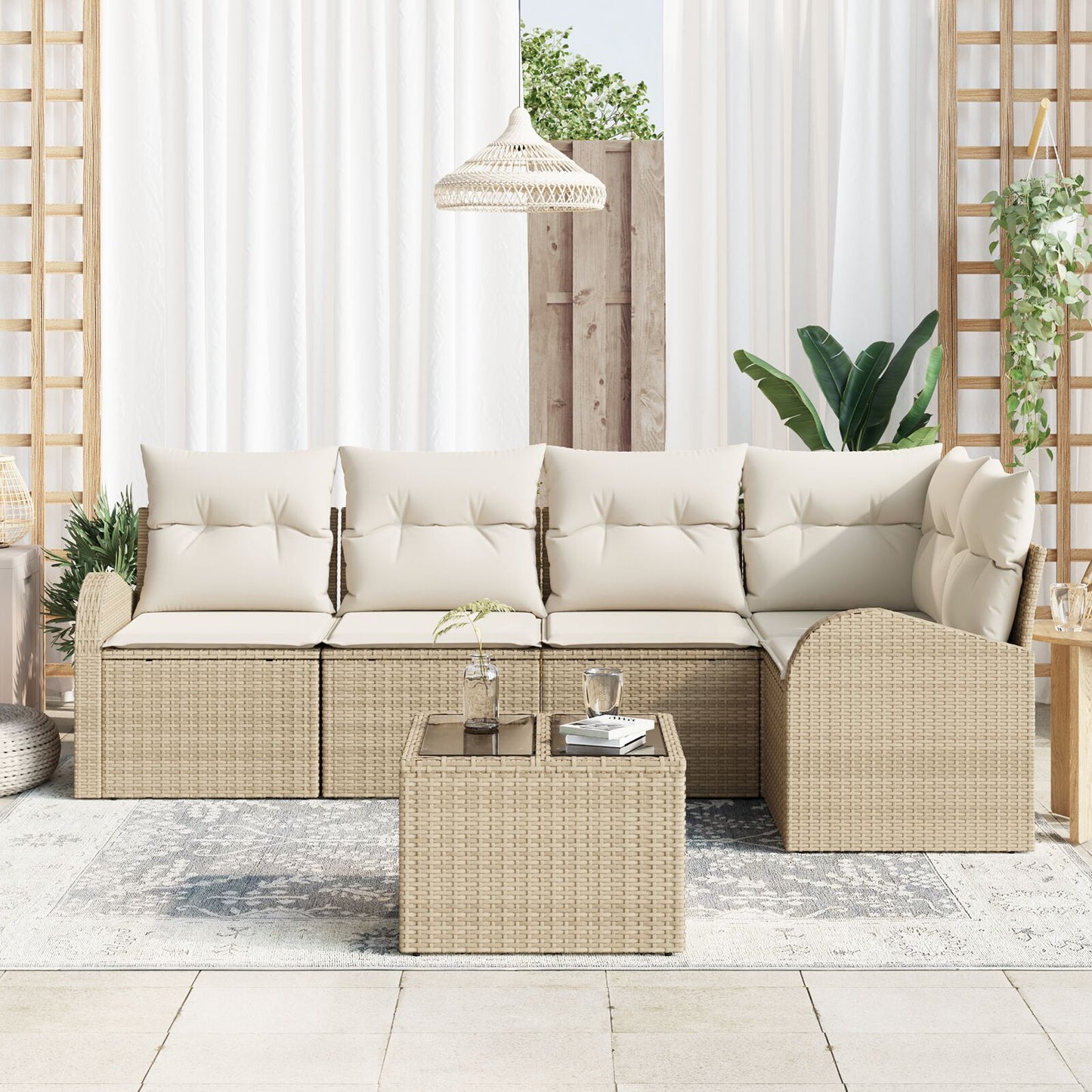 6-Delige Tuin Sofa Set Met Kussens Bruin Poly Rattan Beige en Crème met tafel