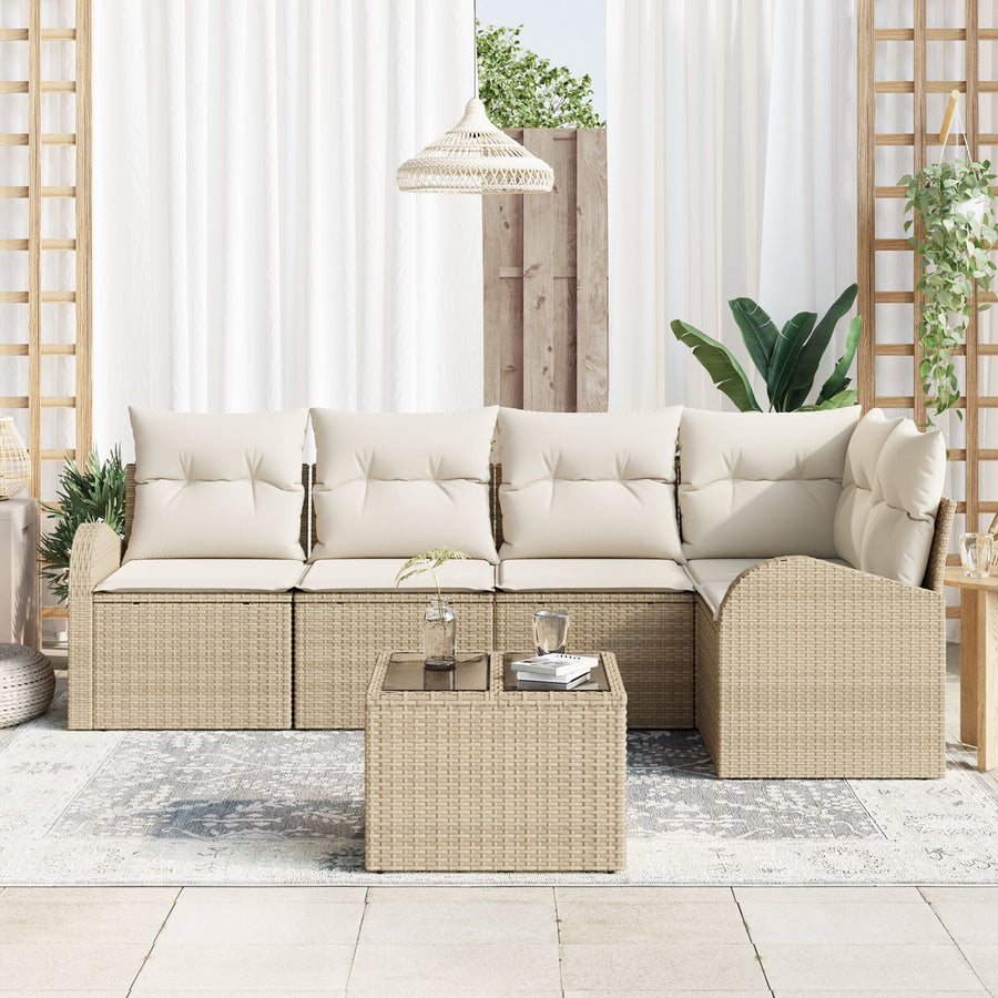 6-Delige Tuin Sofa Set Met Kussens Bruin Poly Rattan Beige en Crème met tafel