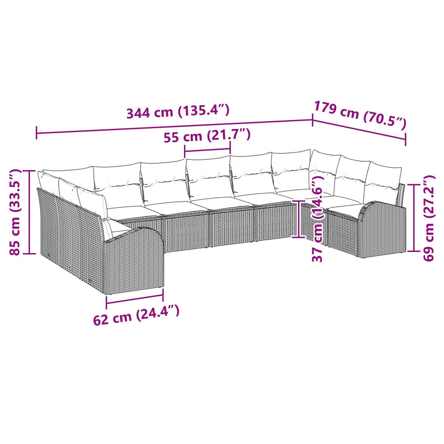 10-Delige Tuinschoon Set Met Kussens Grijs Poly Rattan