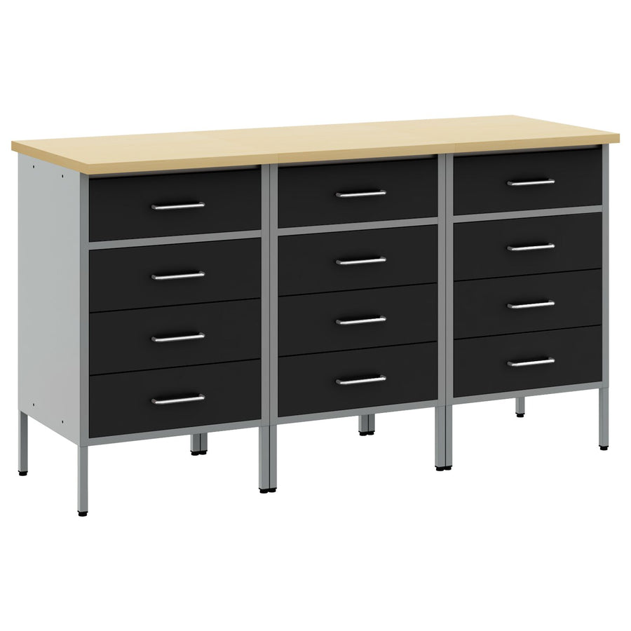 Werktafel 3-Delig En Grijs Hout En Staal 3x (85 cm) Zwart 3x kast