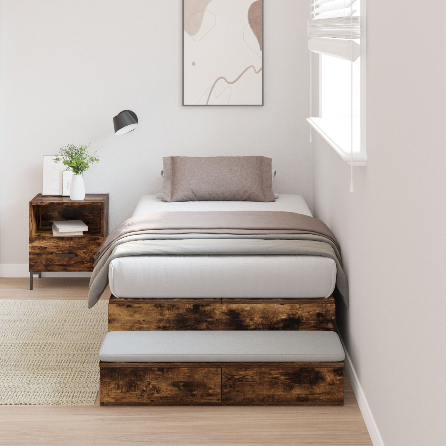 Opslagbedframe Gerookt Eiken Hout, Spaanplaat Eenpersoons Opslag Artisanaal Eiken