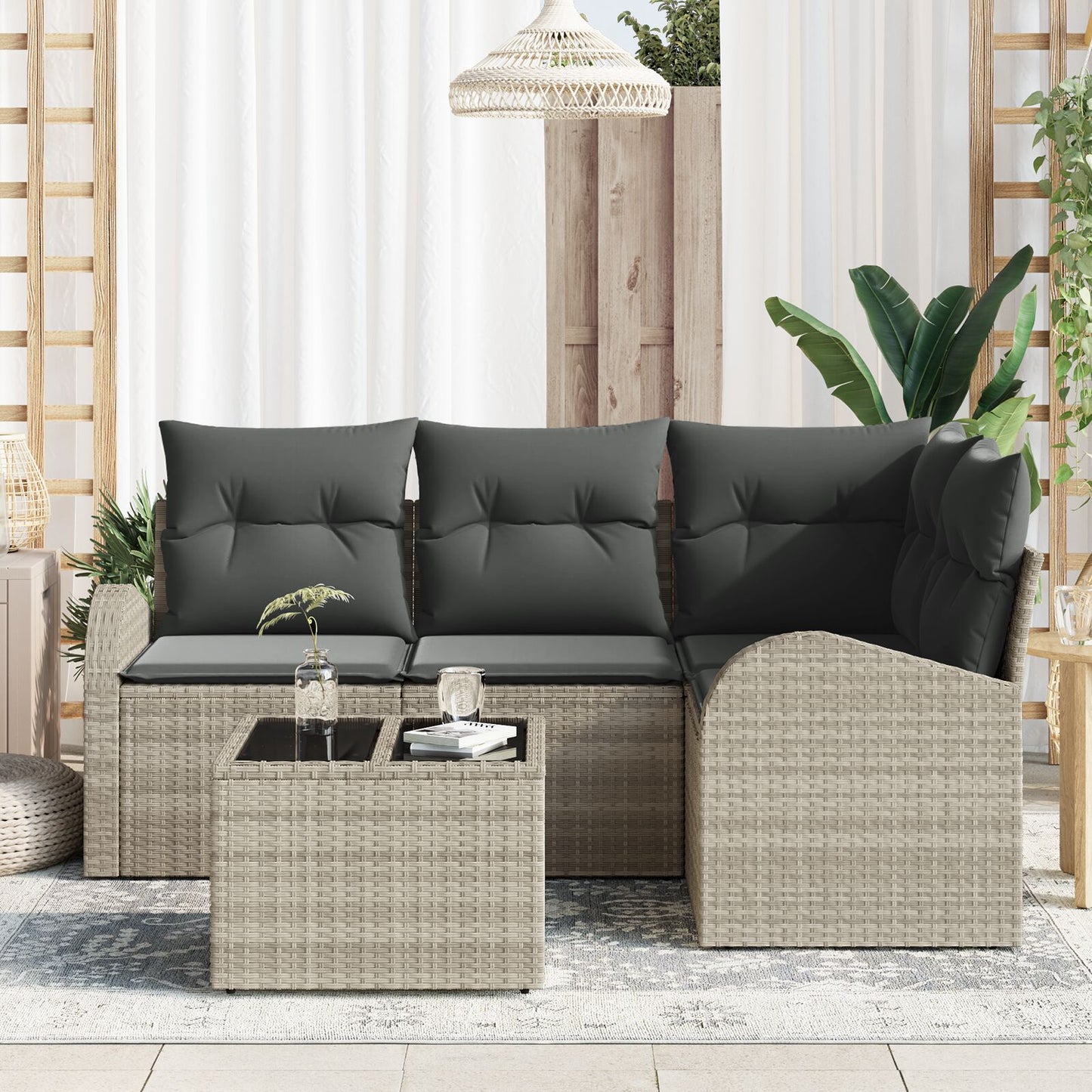 5 Delige Tuin Sofa Set Met Kussens Grijs Poly Rattan Lichtgrijs met tafel