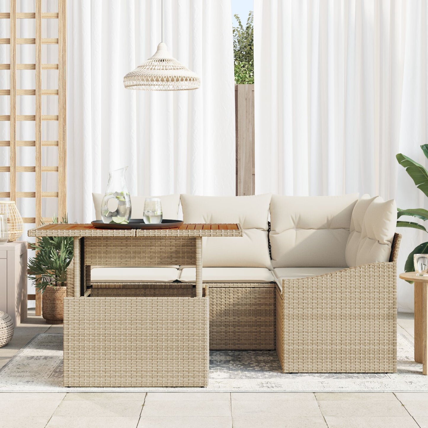 5-Delige Tuin Eetset Met Kussens Beige Poly Rattan Acacia
