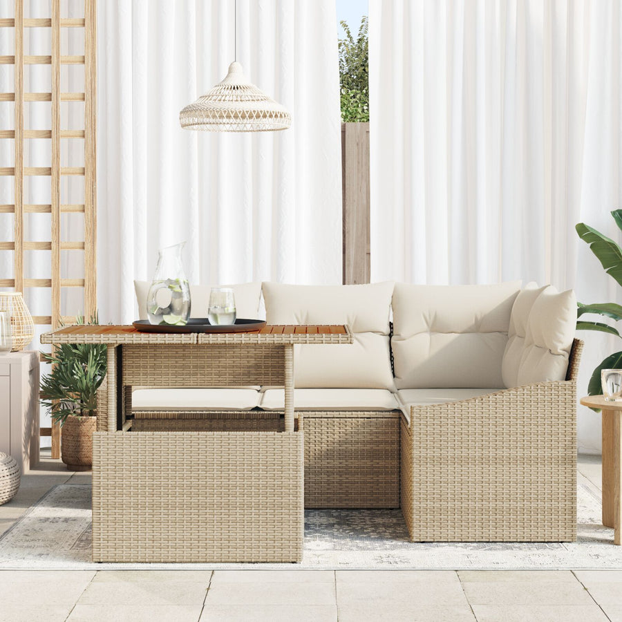 5-Delige Tuin Eetset Met Kussens Beige Poly Rattan Acacia