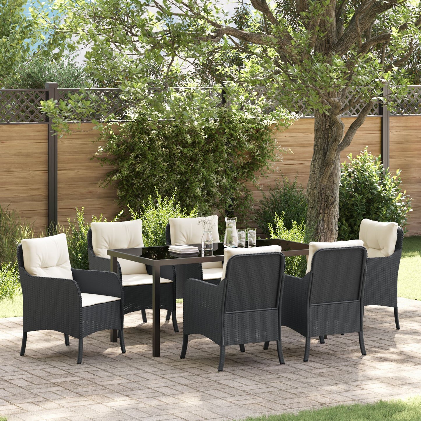 7-Delige Tuin Eetset Met Kussens Zwart Poly Rattan