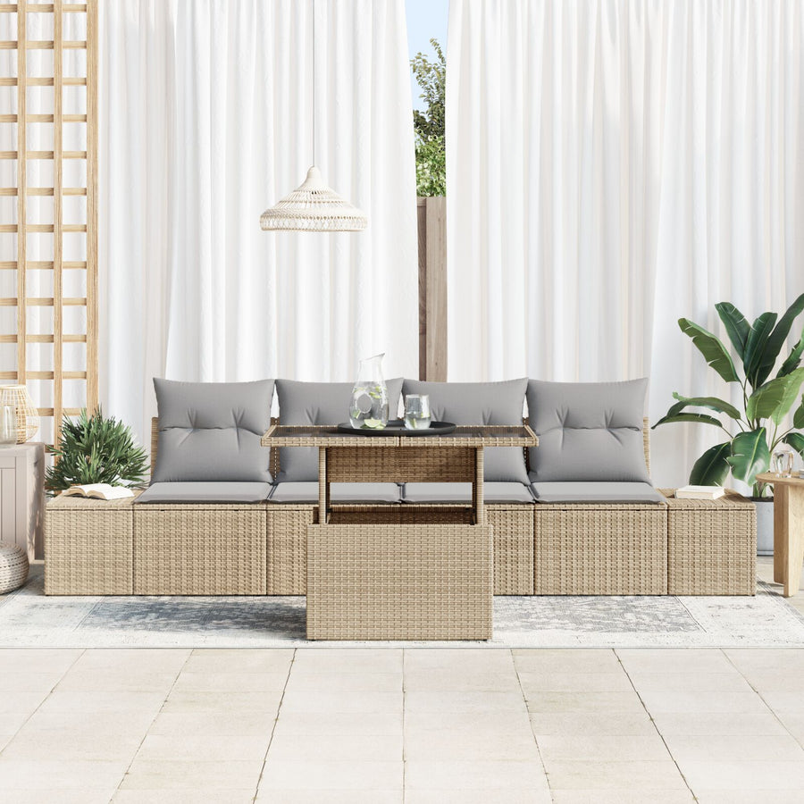 Tuin Sofa Set Set Van 5 Beige, Grijs Poly Rattan, Staal, Polyester