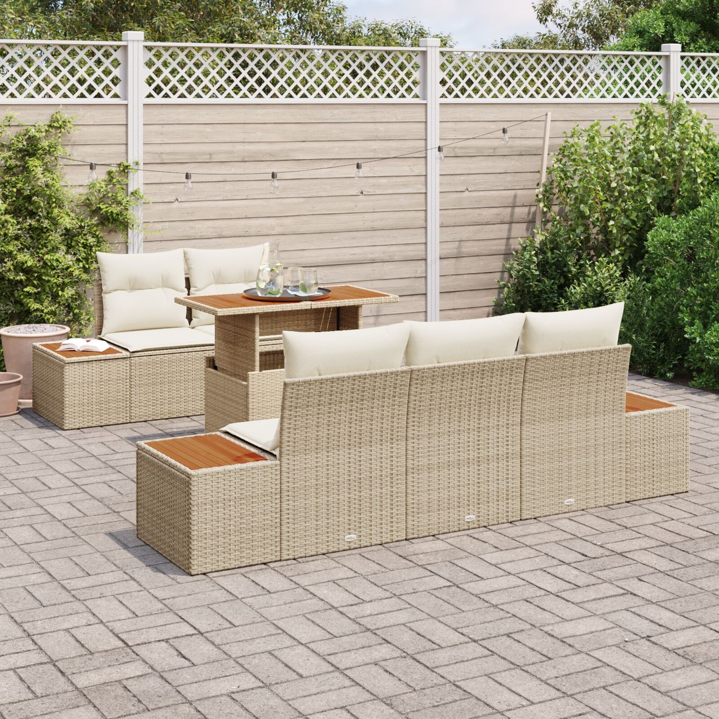 6-Delige Tuin Eetset Met Kussens Beige Poly Riet Acacia