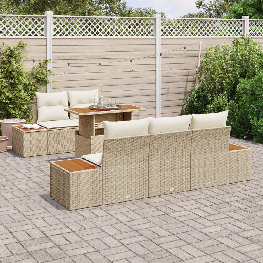 6-Delige Tuin Eetset Met Kussens Beige Poly Riet Acacia