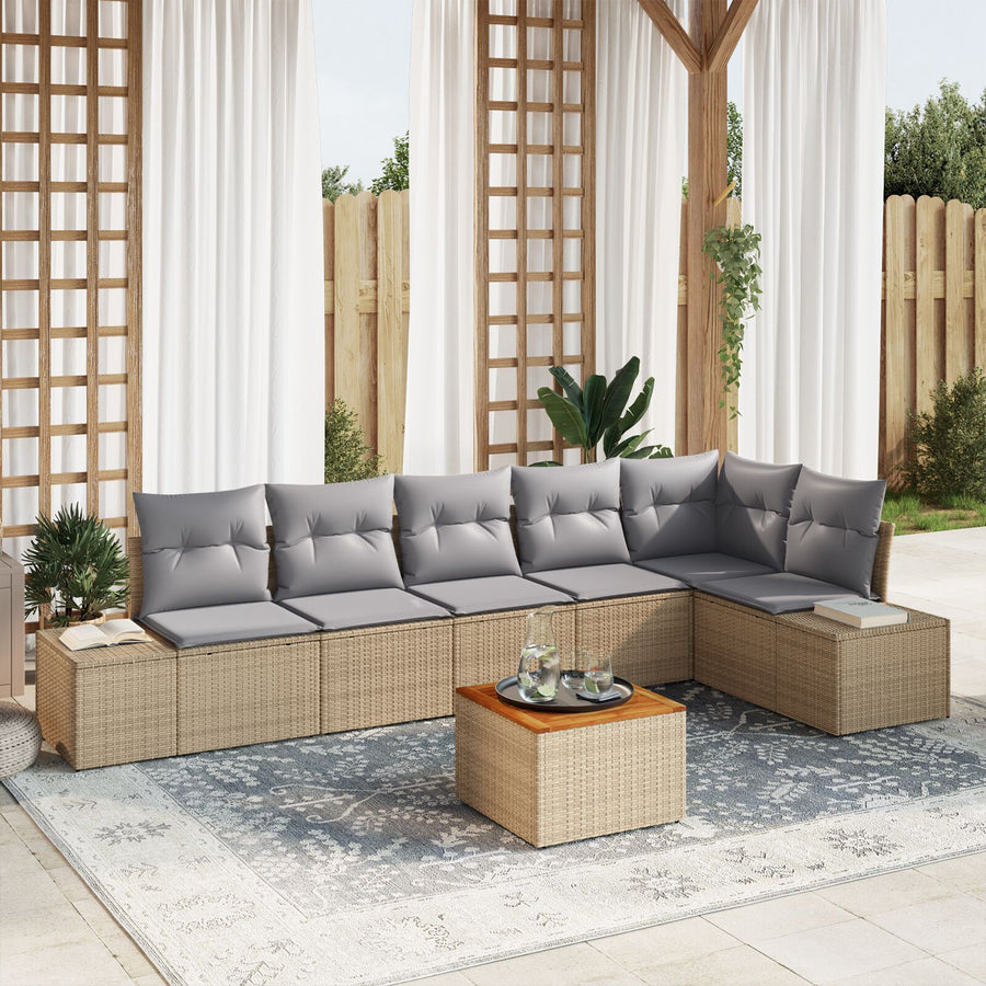 7-Delige Tuinbankset Met Kussens Beige Poly Rattan Acacia