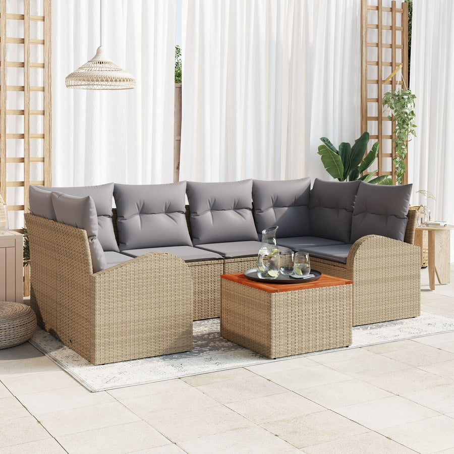 7-Delige Tuin Sofa Set Met Kussens Beige Poly Rattan Acacia