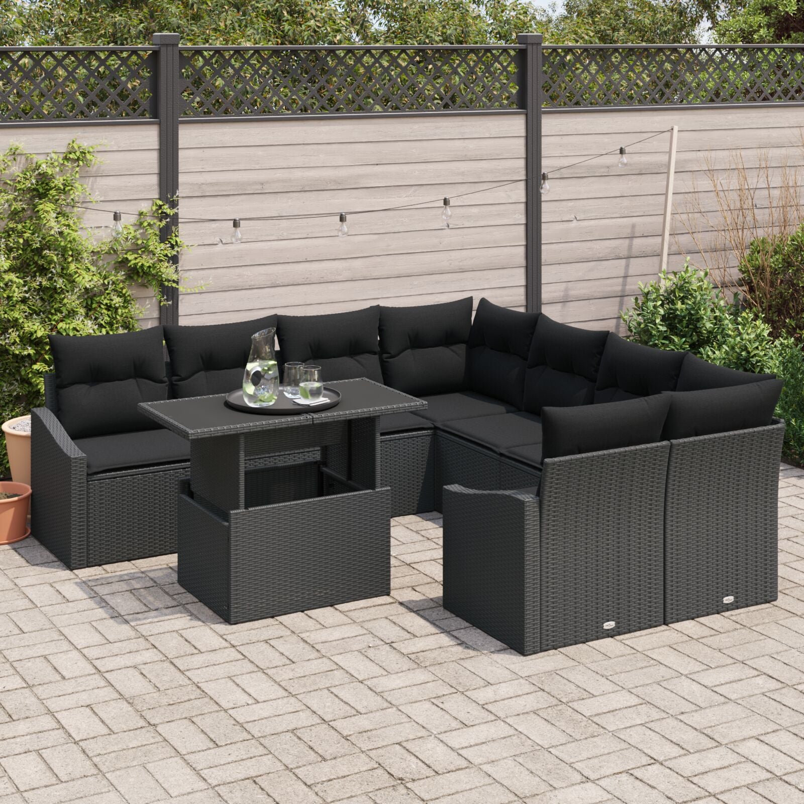 Tuin Sofa Set 9 Delen Zwart Rattan, Polyester Tuin Sofa Set