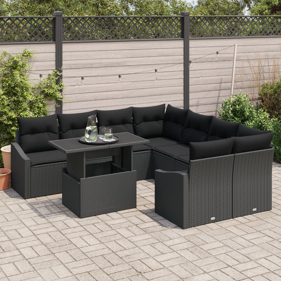 Tuin Sofa Set 9 Delen Zwart Rattan, Polyester Tuin Sofa Set