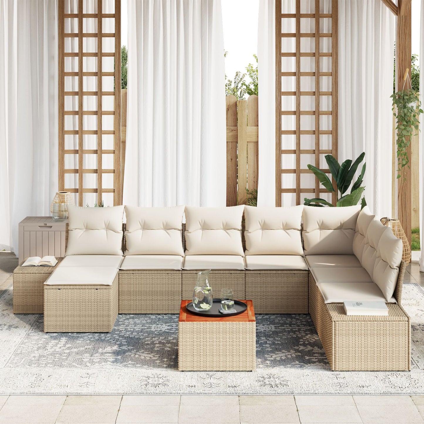 9-Delige Tuin Sofa Set Met Kussens Beige Poly Rattan Acacia