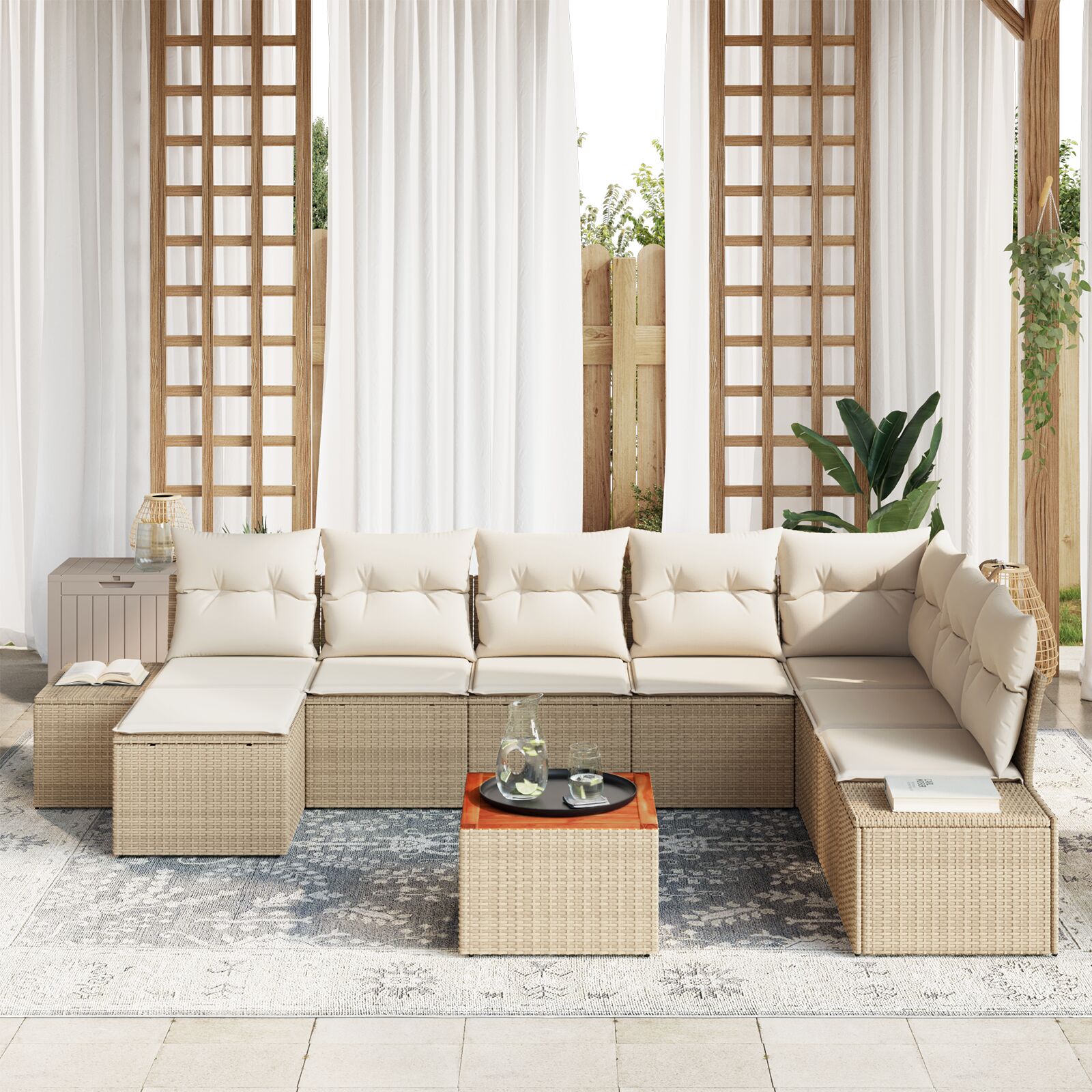 9-Delige Tuin Sofa Set Met Kussens Beige Poly Rattan Acacia