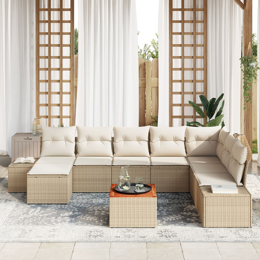 9-Delige Tuin Sofa Set Met Kussens Beige Poly Rattan Acacia