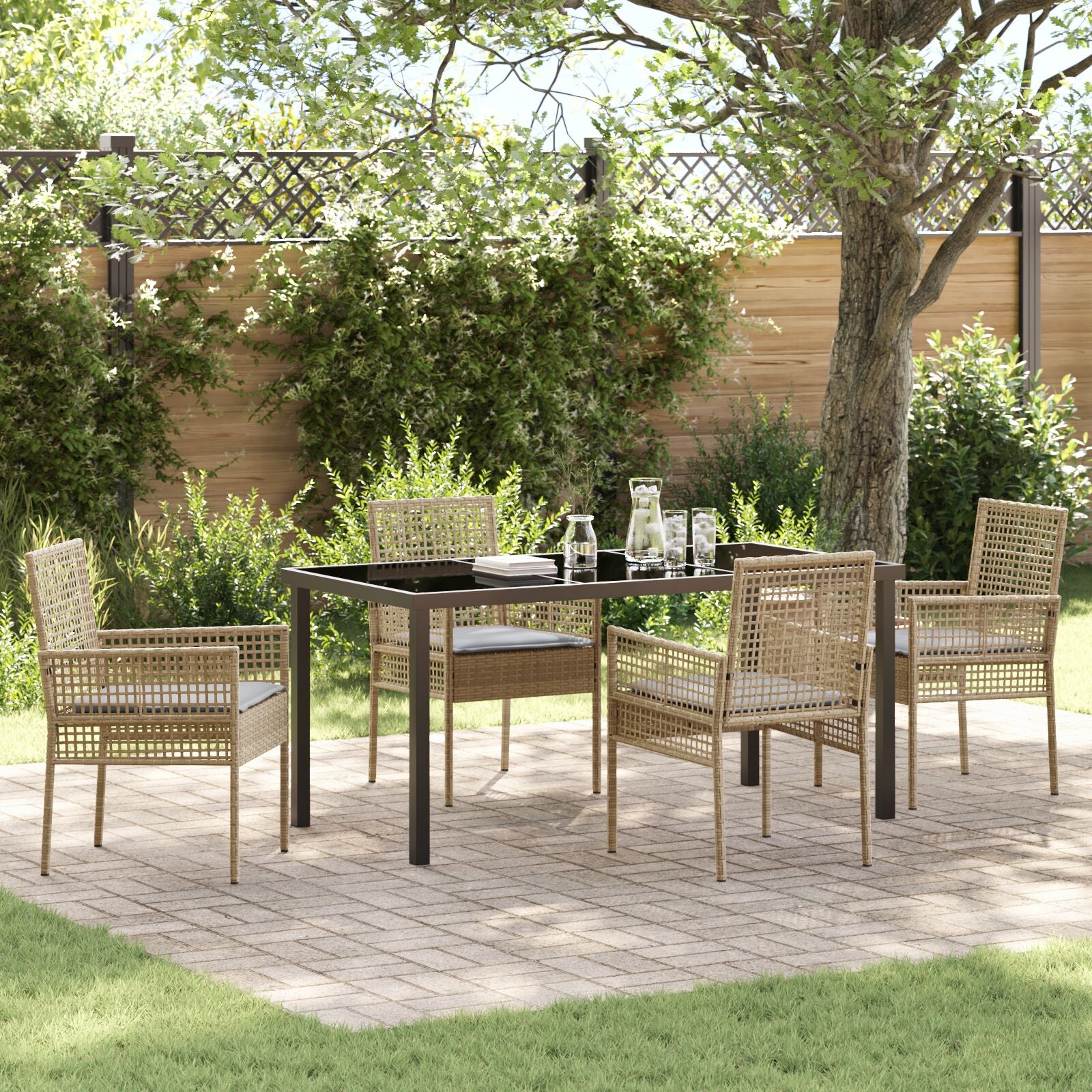 5-Delige Tuin Eettafel Set Met Kussens Beige Poly Rattan