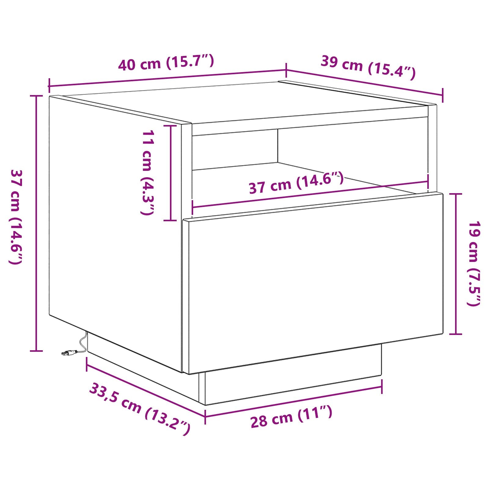 Nachtkastje Met Led-Verlichting 40X39X37 Cm 1 Zwart eiken