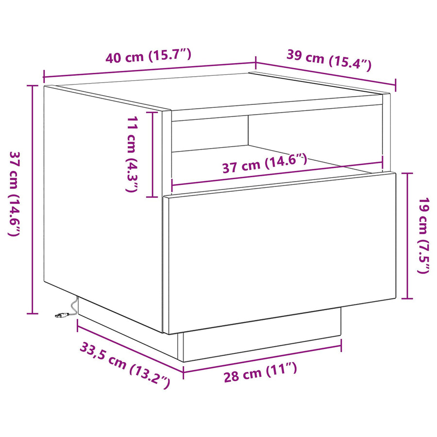 Nachtkastje Met Led-Verlichting 40X39X37 Cm 1 Zwart eiken