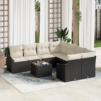 Tuin Bank Set Set Van 9 Crème En Zwart Rattan, Polyester Gegalvaniseerd Staal