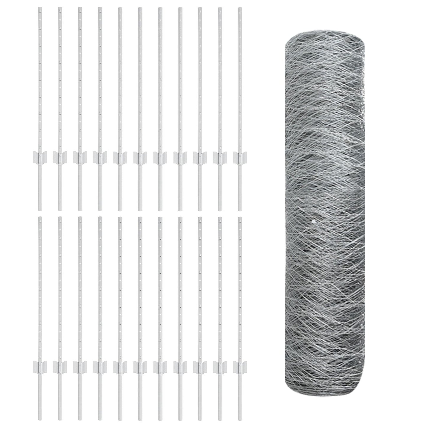 Hekpalen 11 Stuks U-Channel 80 Cm Gegalvaniseerd Staal,  Hexagonaal Hek 0,8X50 M Gegalvaniseerd Staal