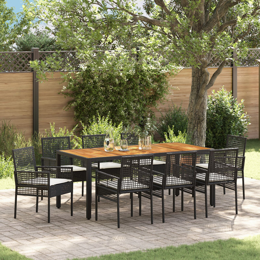 9-Delige Tuin Eetset Met Kussens Zwart Poly Rattan