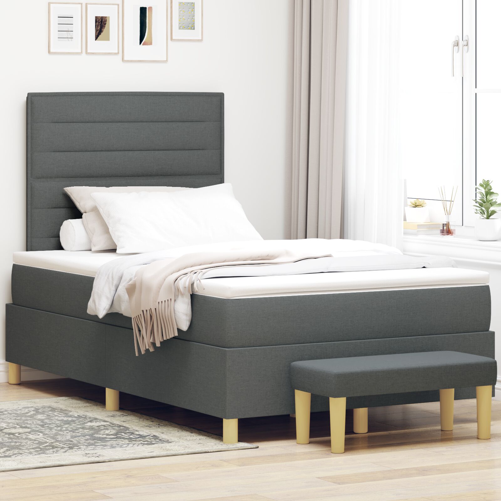 Boxspring Bed Met Matras & Bank Donkergrijs 120X190 Cm Stof Blauw