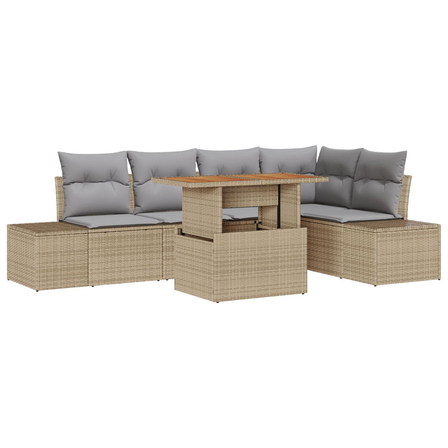 6-Delige Tuin Eetset Met Kussens Beige Poly Rattan Acacia