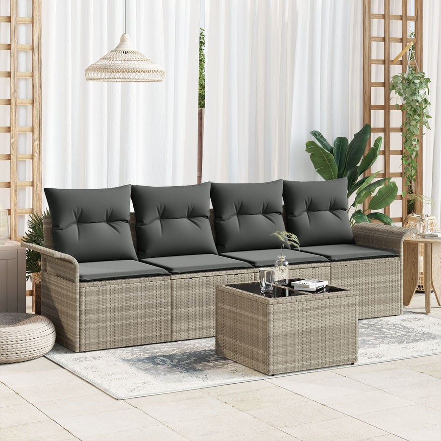 5-Delige Tuinsofa Set Met Kussens Lichtgrijs Poly Rattan