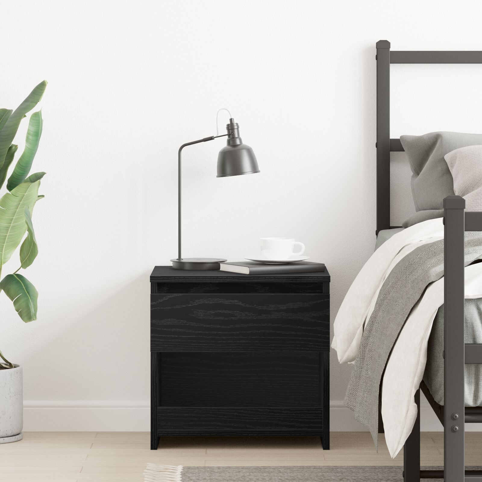 Nachtkastje Zwart Eiken 40X30X39 Cm Bewerkt Hout