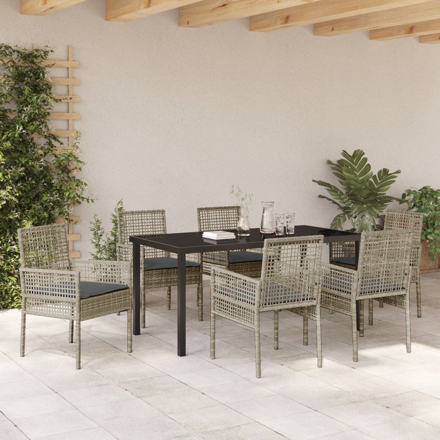 7-Delige Tuin Eetset Met Kussens Lichtgrijs Poly Rattan