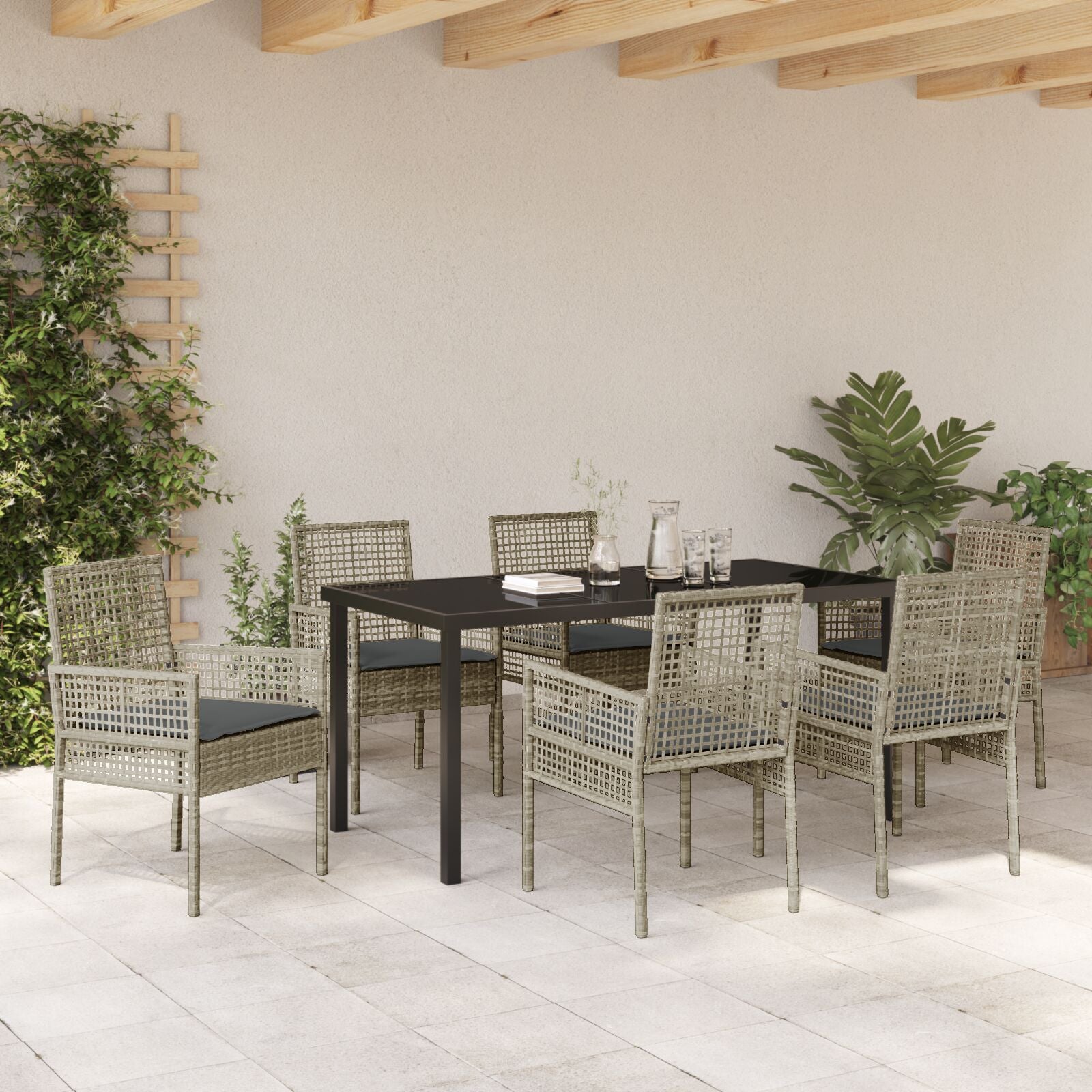 7-Delige Tuin Eetset Met Kussens Lichtgrijs Poly Rattan